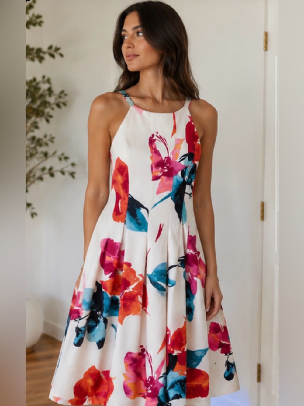 Vince Camuto White Maxi Dress with Pink, Red & Teal Floral Print